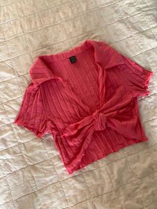 Ribbed Pink Tie-Front Cardigan