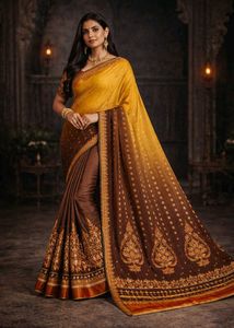 🇳🇿💫🎀Elegant Yellow & Brown Embroidered Saree