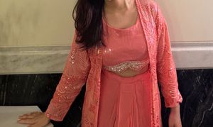 Coral Sequined blouse lehnga Set with Jacket