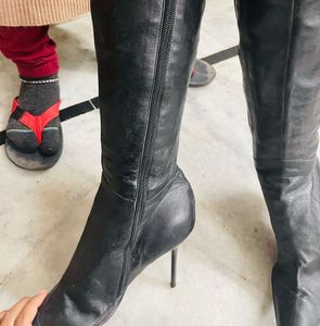 Italian Black Leather Pencil Over-the-Knee Boots