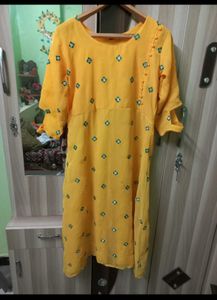 Yellow mirror work Printed Kurti
