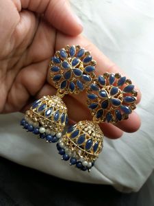 Gorgeously Designed Blue Polki &amp; Pearls Jhumka 💙👌👌