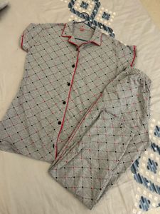 Grey Heart Print Night Suit Set