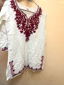 White Kurta with Red Embroidery