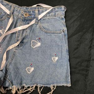 Cute Swan Embroidered Denim Shorts