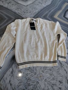 Cream V-Neck Striped Sweater