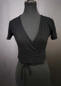 Black Ribbed Wrap Crop Top