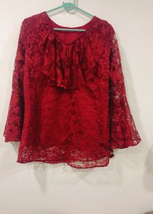 Elegant Red Lace Bell Sleeve Top