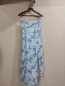Blue & White Floral Midi Dress with Side Slit