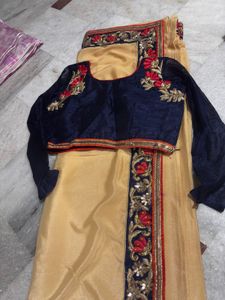 Beautiful Gold Saree with Navy Blouse