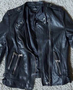 Classic Black Leather Biker Jacket - Thrifted