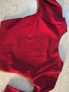 Chic Red Square Neck Top &amp; White Skirt Set