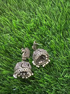 Silver Peacock Jhumka Earrings