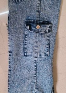 Trendy Acid Wash Cargo Jeans|Light Blue Denim Carg