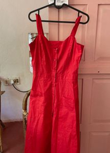 Vibrant Red Button-Front Midi Dress