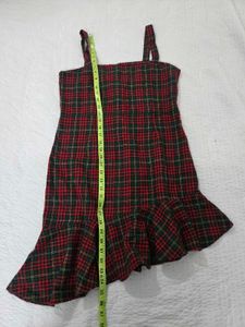 Red Plaid Mini Dress with Ruffle Hem bust 34