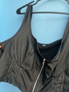 Black Faux Leather Zipper Corset Top