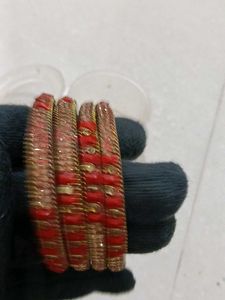 Red Glass Bangles with Gold Accent