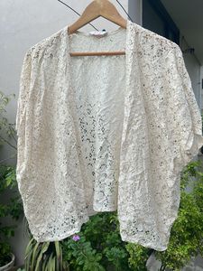 Cream Lace Open Front Kimono Cardigan