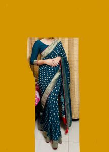 Teal Blue Bordered Saree with Gold Embroidery
