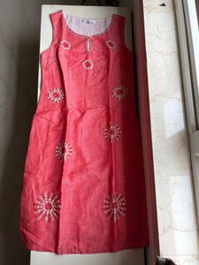 Embroidered Coral Cotton Kurta
