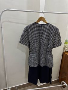 Navy Blue &amp; White houndstooth Pleat Dress