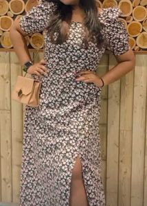 Floral Puff Sleeve Midi Dress with slit