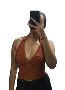 Ribbed Halter Neck Button-Up Top
