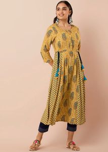 INDYA Mustard Printed Side-Tie A-Line Kurta