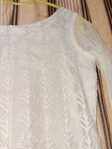 Elegant White Chikankari Kurta with golden embelli