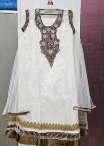 Elegant White Kurta Set with Embellished Neckline