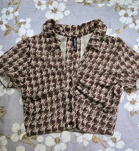 Chic Brown Monogram Print Crop Top