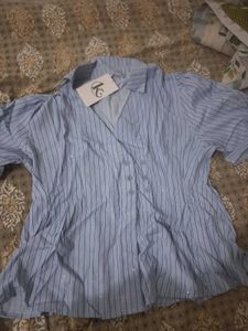 Light Blue Striped Button-Up Top