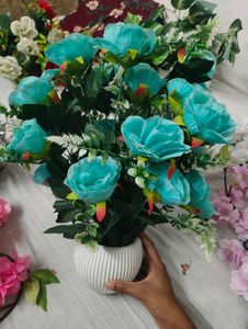 Beautiful Blue Artificial Flowers in White Pot