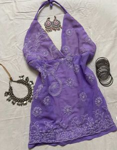 Embroidered Purple Halter Neck y2k