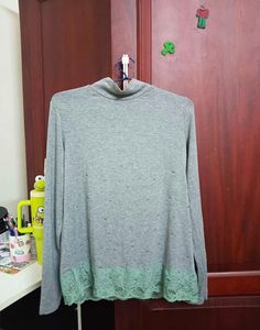 Grey Turtleneck Top with Lace Trim