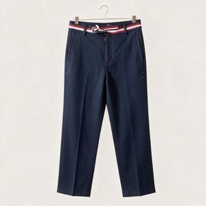 Navy Blue Tailored Pants with Striped Belt