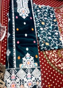 Embroidered Teal Velvet Kurta Set