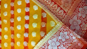 pure khaddi chiffon yellow lahariya banarasi Saree