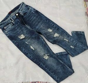 Distressed Blue Wash High Waist Jeans