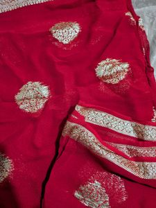 Vibrant Red Saree with Gold Brocade