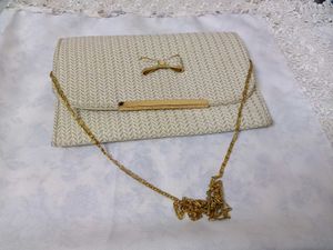 Vintage Cream Woven Clutch with Gold Chain