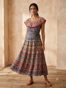 Bohemian Print Maxi Dress with Pom Po