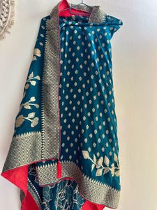 Teal Blue Bordered Saree with Gold Embroidery