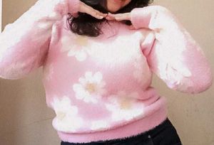 Pink Floral Fuzzy Sweater