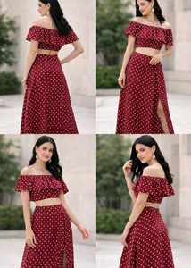 Red Polka Dot Co-ord Set with Slit skirt