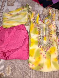 Yellow Kurta Set with Embellished Neckline
