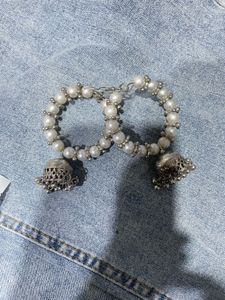 Elegant Pearl &amp; Silver Jhumka Set