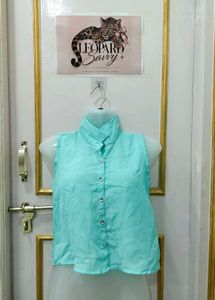 Sleeveless Aqua Button-Up Top