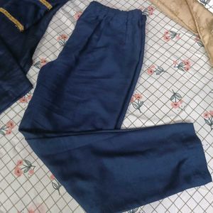 Navy Blue Kurti Set with Golden Embroidery